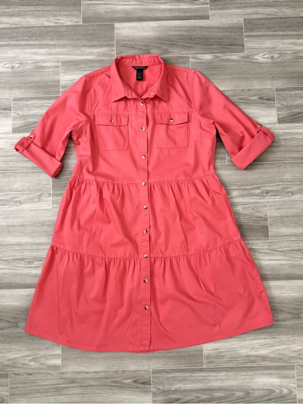 Bright Coral 100% Cotton Button-Front Tiered Midi Dress with Pockets